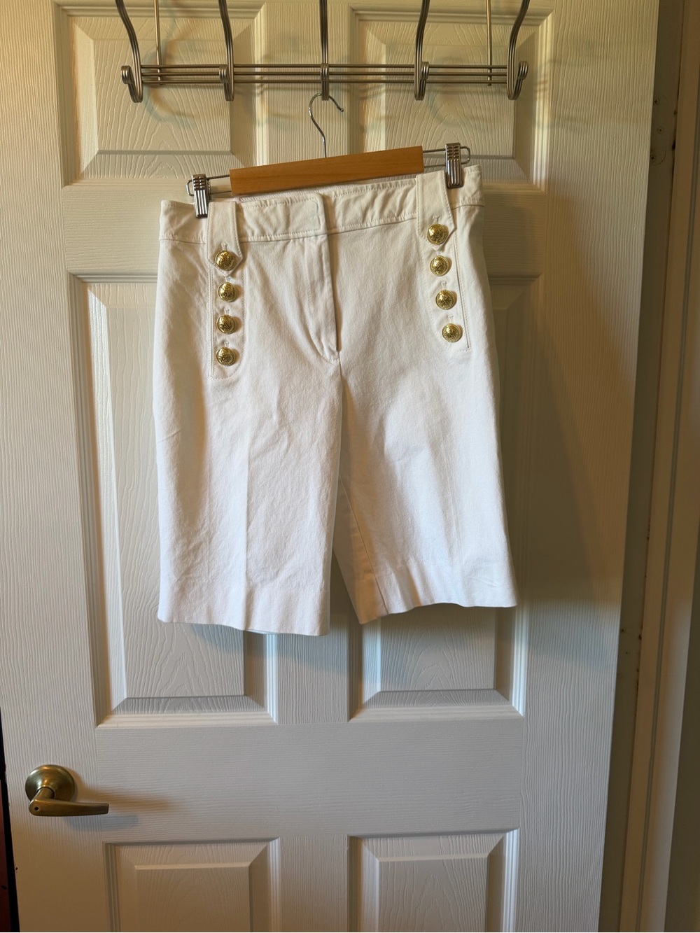 Derek Lam White Bermuda Shorts with Gold Buttons
